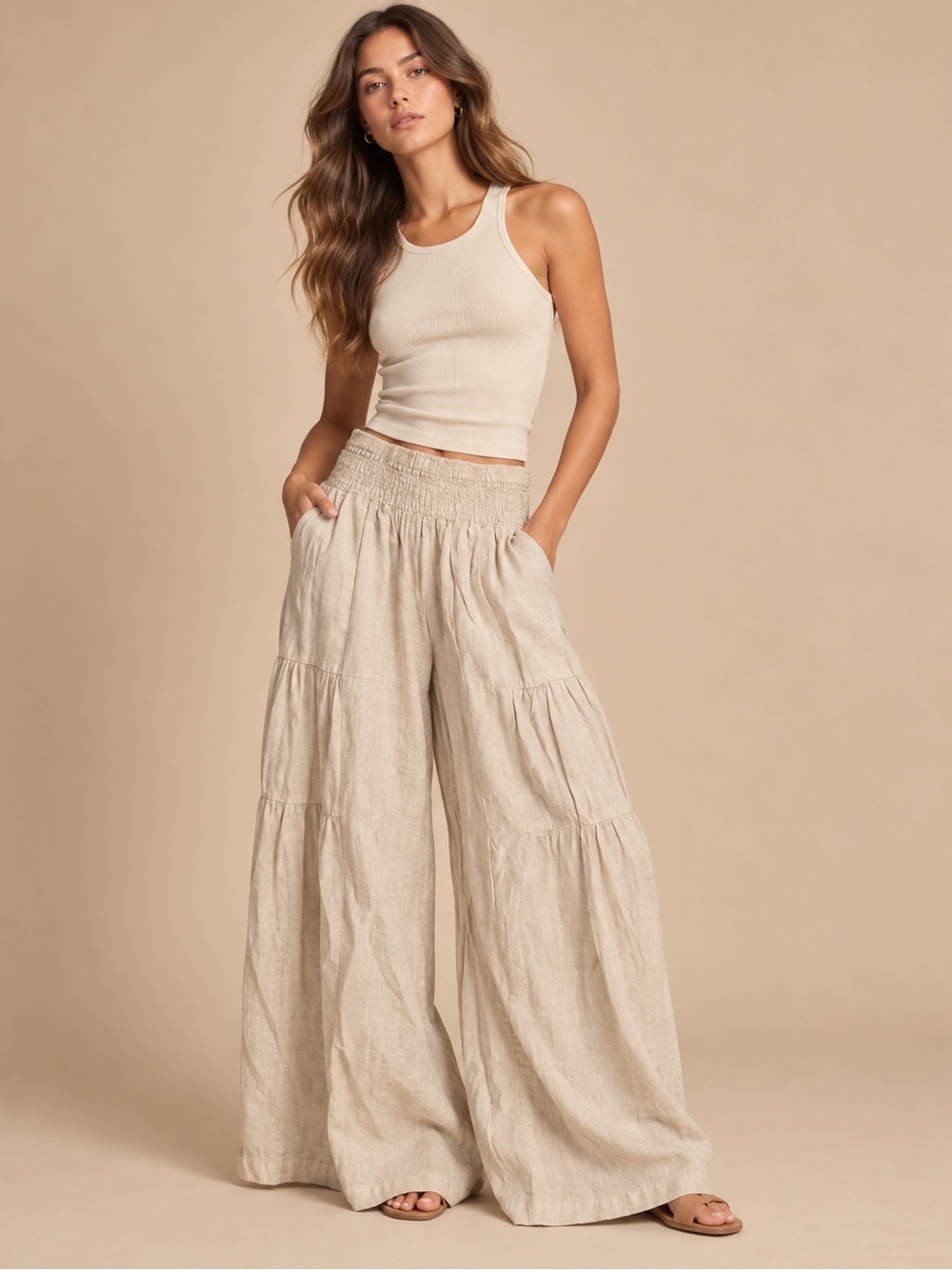 SHEIN Cream Wide Leg Palazzo Pants Small Coastal Boho Resort Wear